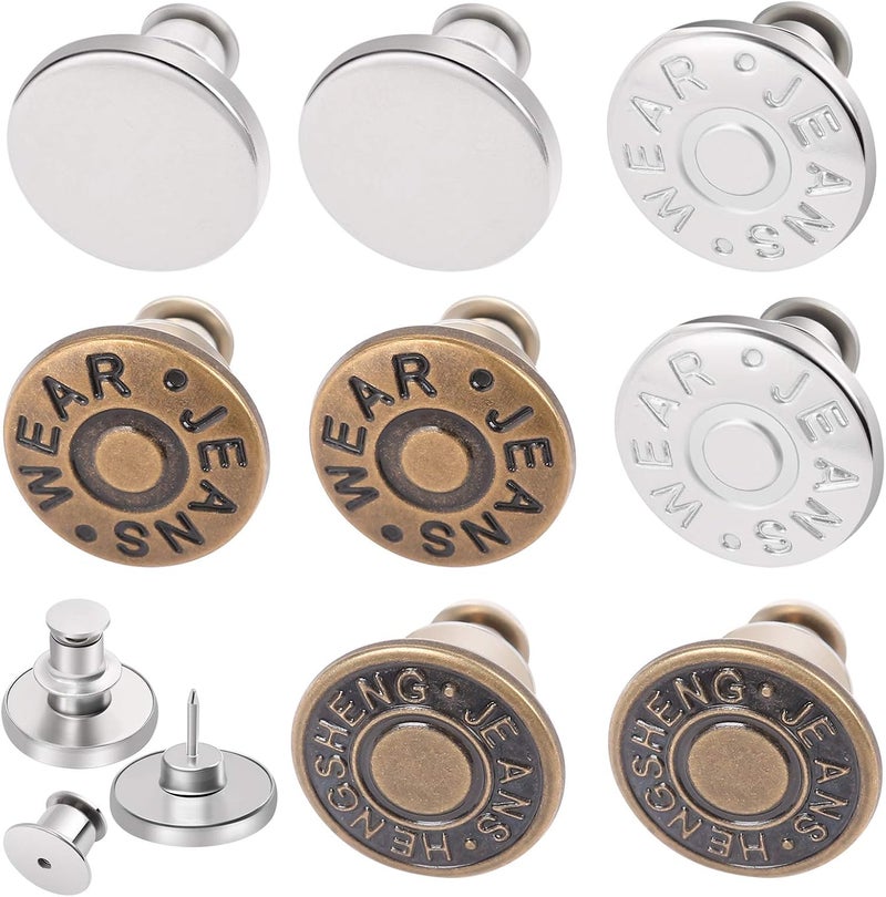 Ceryvop 8 Sets Jean Button Pins for Loose Jeans, No Sew Instant Replacement Snap Tack Pant Button, Reusable and Adjustable Metal Pants Tightener - Image 1